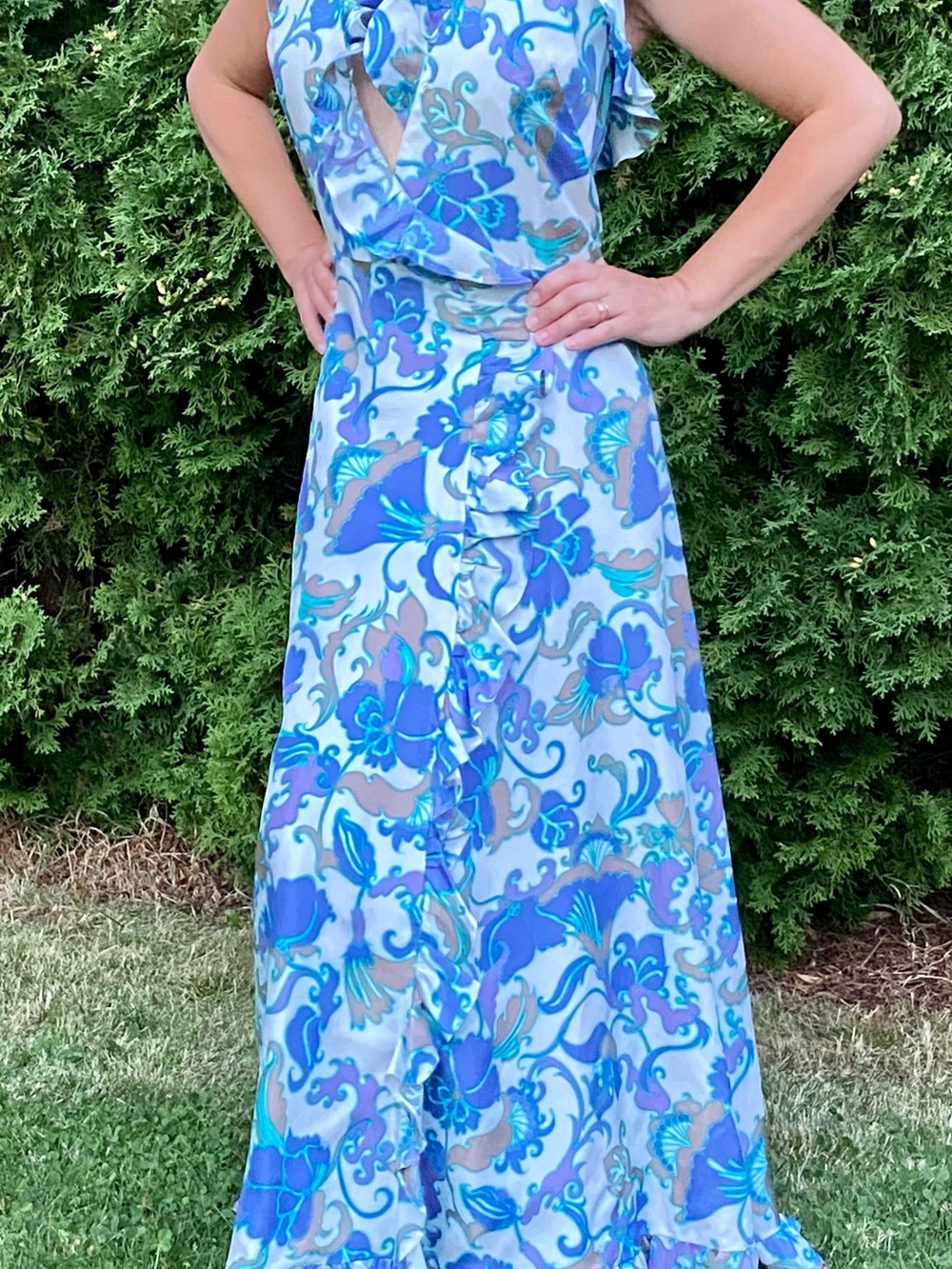 Vintage 1970s Blue Wrap Up Summer Dress  Bohemian Bridesmaid Maxi Dress - SM